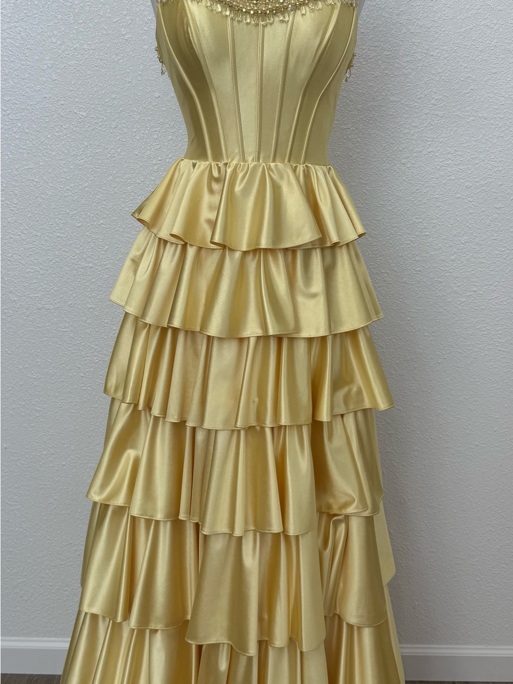 Sherri Hill 57169 Yellow Tiered Satin Evening Dress - Women - Picture 2 of 5